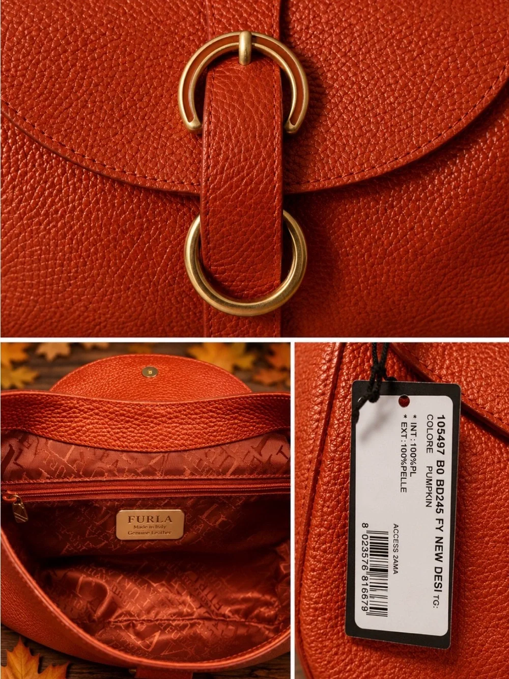 NWT Furla Pumpkin Pebbled Leather Hobo Shoulder Bag -Made in Italy